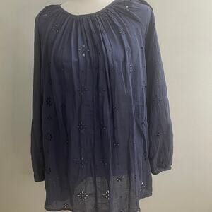 Aerie Flowy Eyelet Balloon Sleeve Blouse -Navy Blue XXL Boho Peasant Oversized